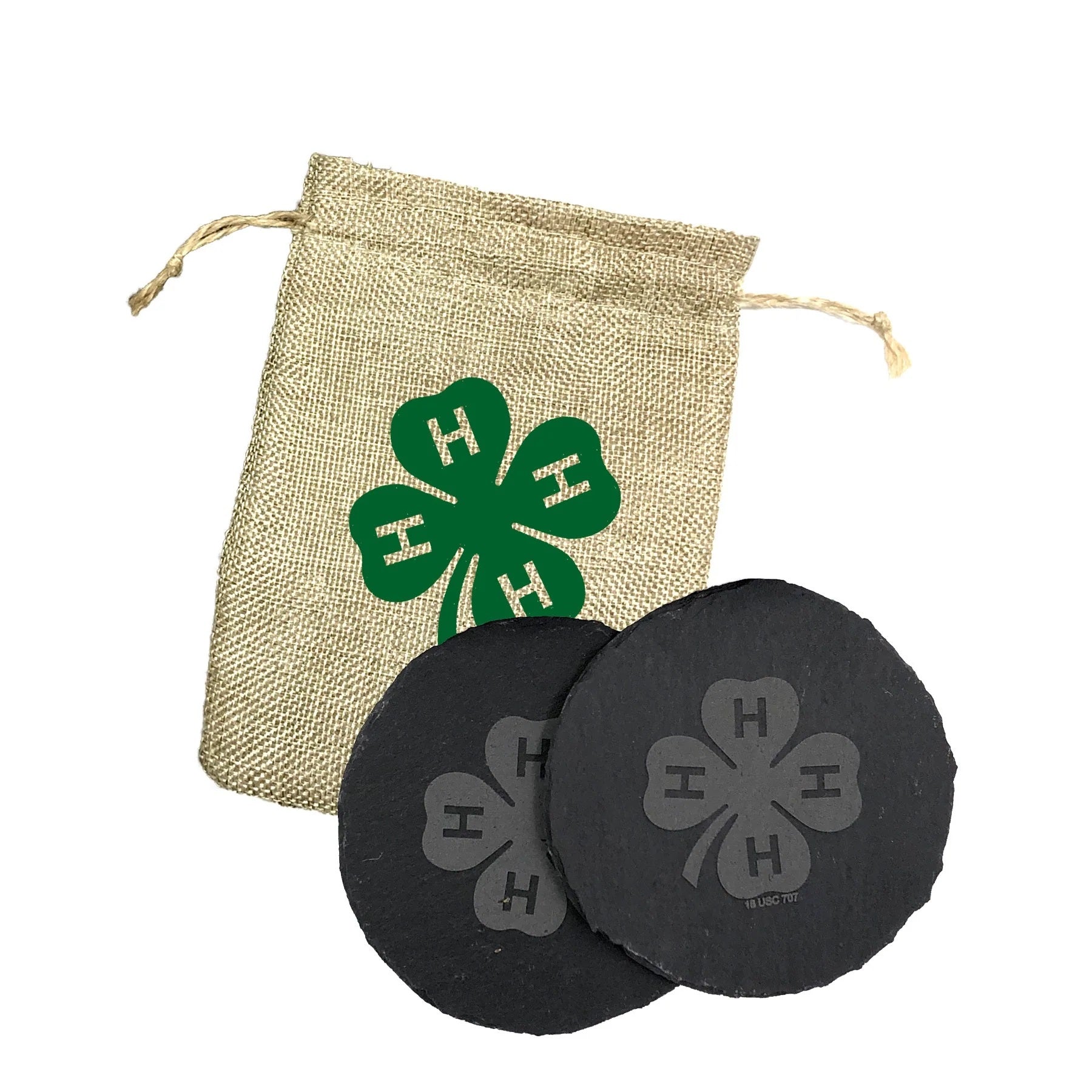 Round Slate Coaster (set Of 2) In Synthetic Burlap Bag