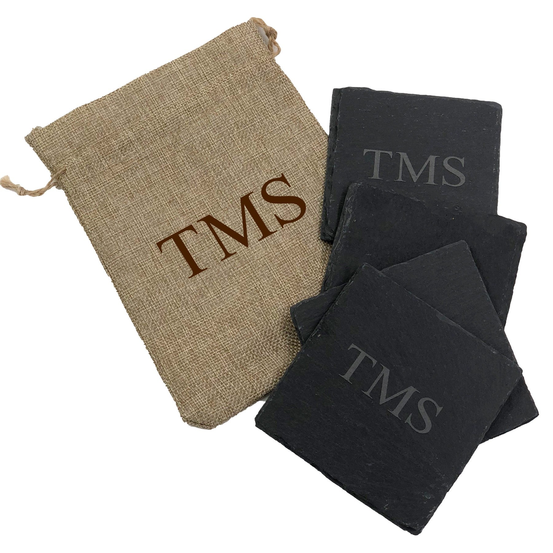 Square Slate Coaster (set Of 4) In Synthetic Burlap Bag