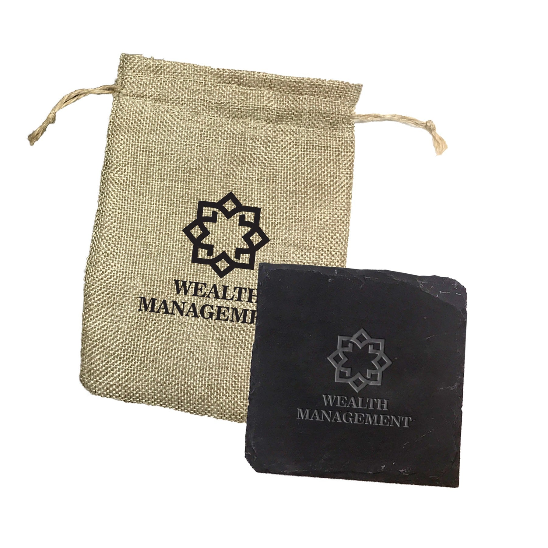 Square Slate Coaster (single Pack) In Synthetic Burlap Pouch