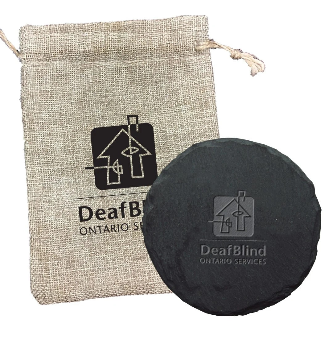 Round Slate Coaster (single Pack) In Synthetic Burlap Pouch