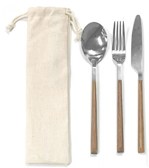 Faux Wood Grain Stainless Steel Cutlery Set In Pouch