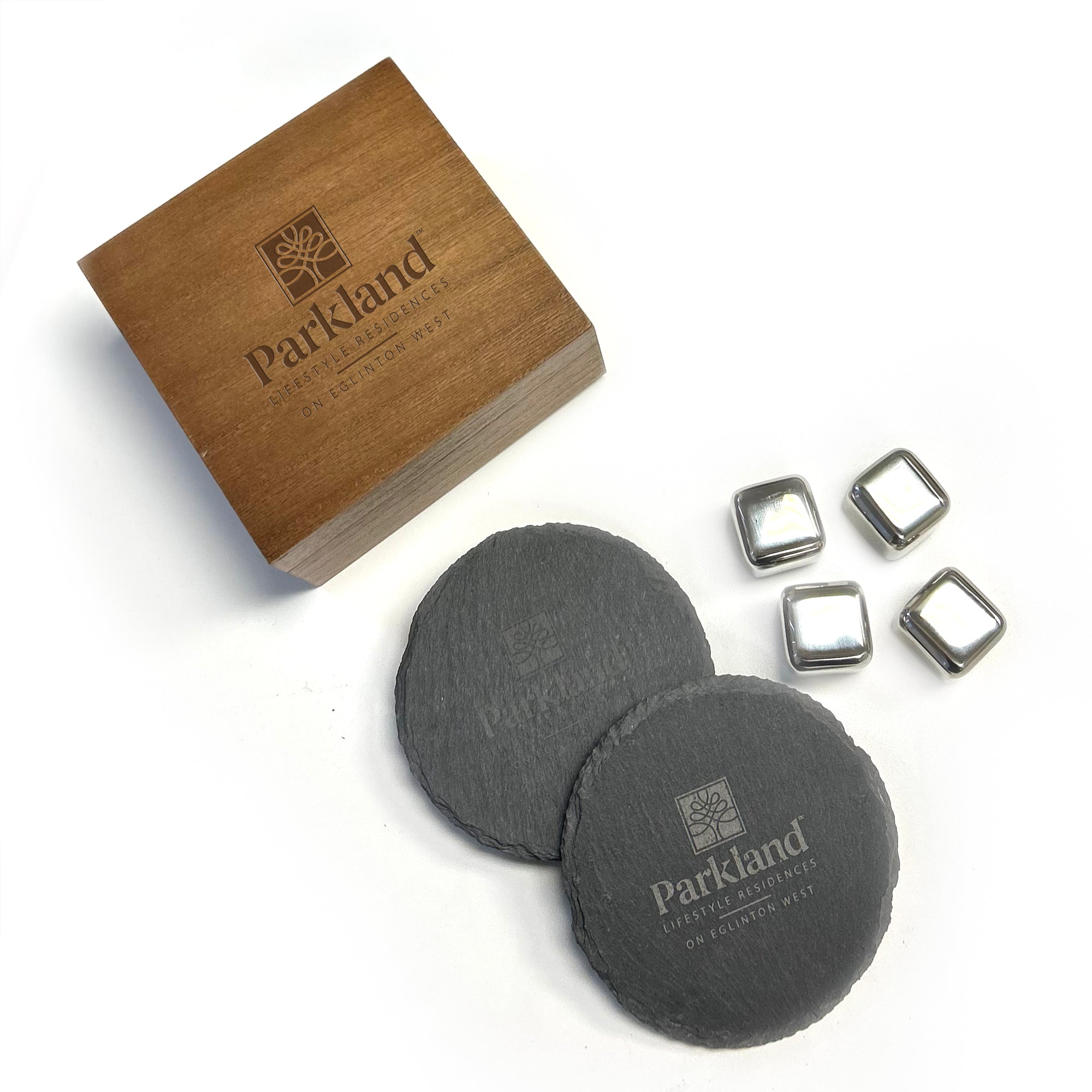 COMBO19 SLATE COASTER AND ICE CUBE IN WOODEN BOX