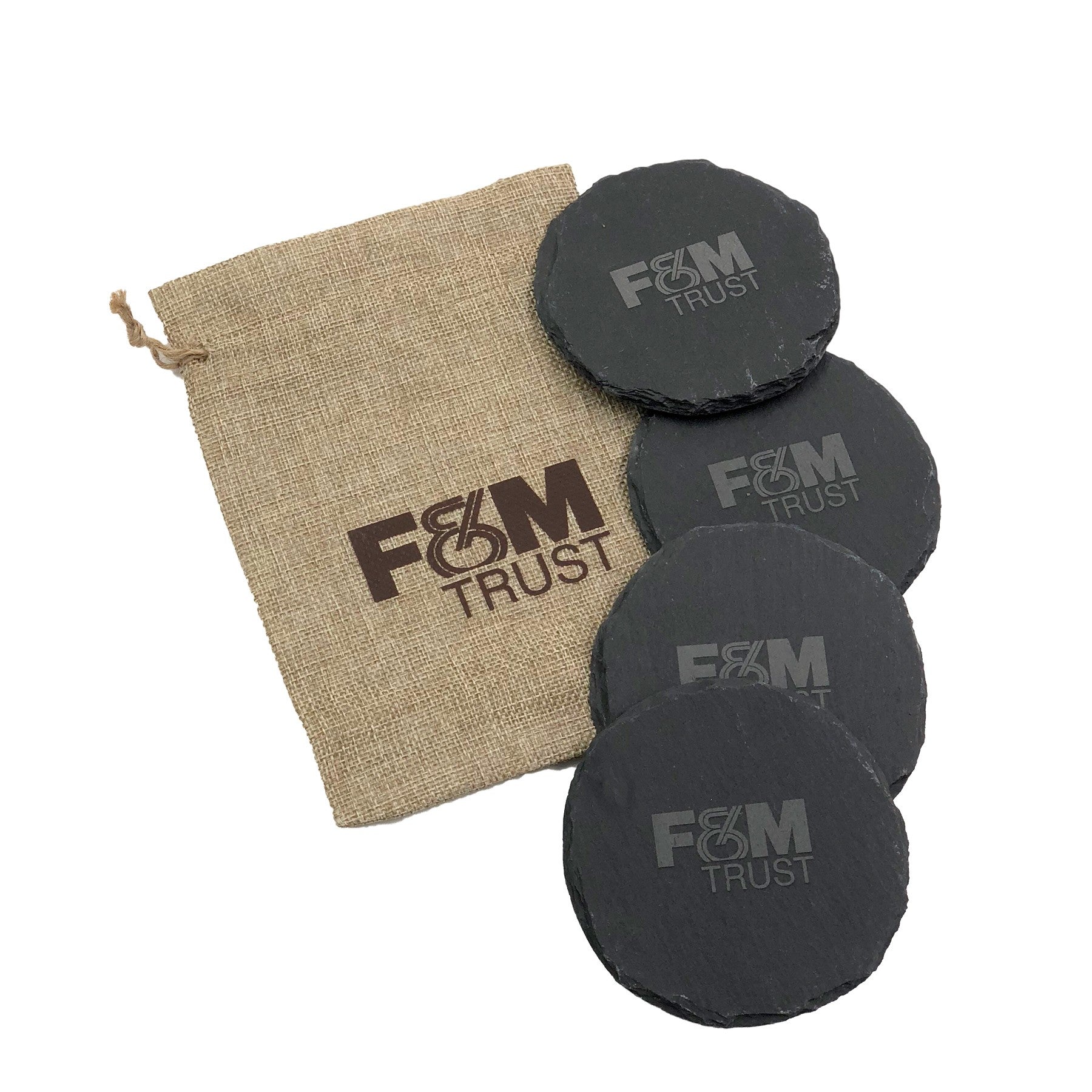 ROUND SLATE COASTER (SET OF 4) IN SYNTHETIC BURLAP BAG